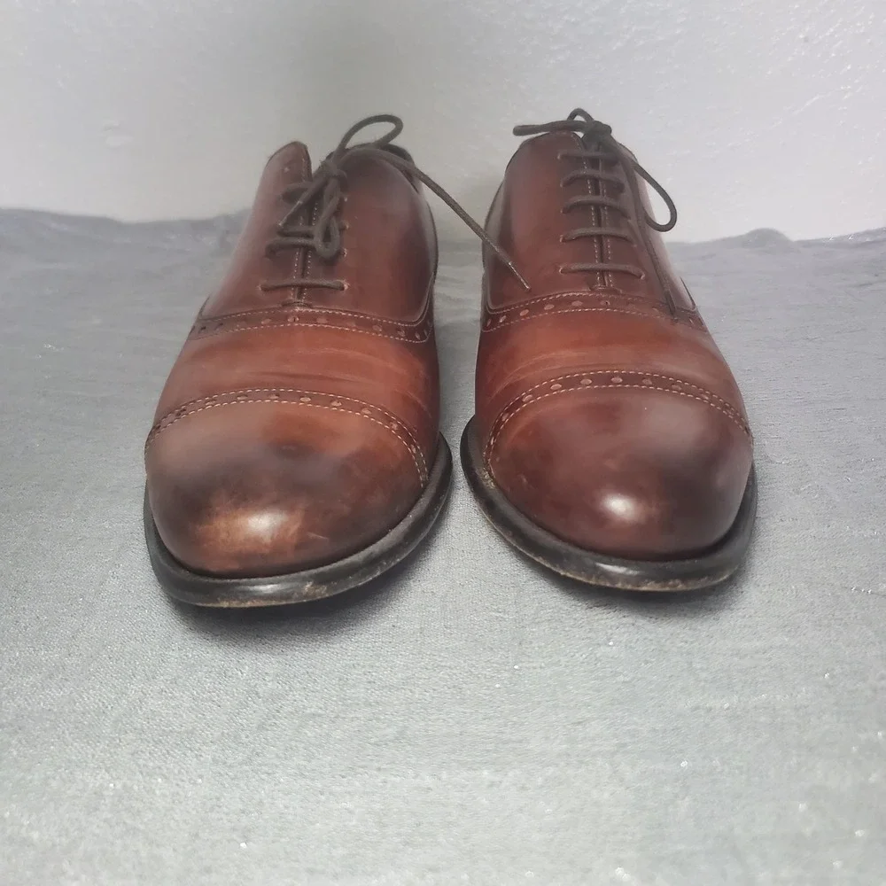 Paul Evans The Brando semi-brogue Brown Leather Cap Toe Shoes Made in Italy 7.5